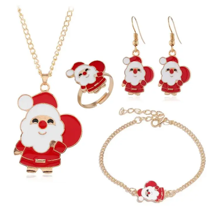 

Christmas Necklace Set lovely Santa oil dripping alloy ring earring bracelet combination jewelry sets
