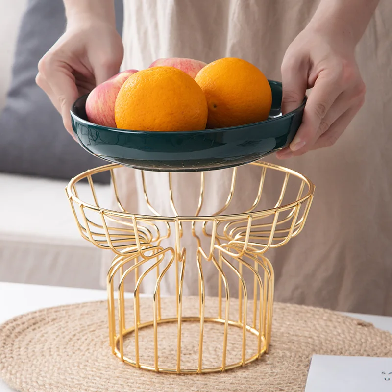

Japanese Fruit Tray Creative Iron Holder Fruit Basket Restaurant Ceramic Salad Bowl Nordic Porcelain Dessert Plate, White/brown/blue