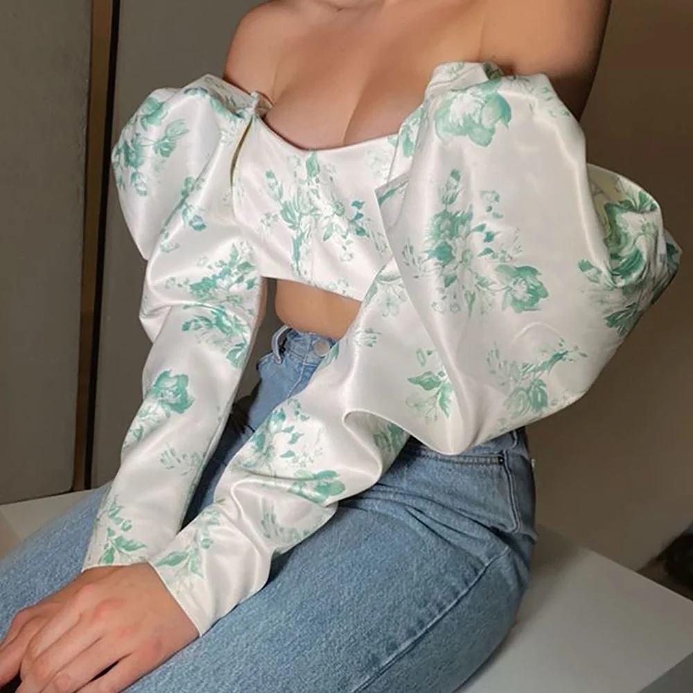 

2021 new design women t-shirt women Spring Shirt puff long sleeve blue floral print crop top women Lady off shoulder sexy blouse, Green