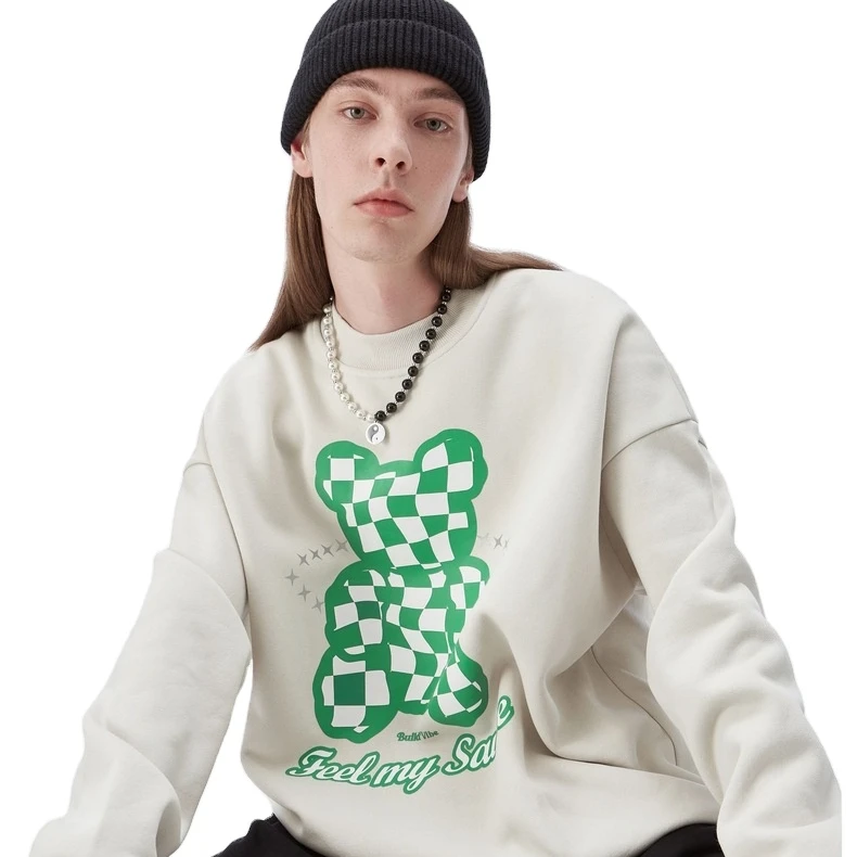 

2021 Autumn/Winter New velvet green checkerboard bear print reflect light hoodie with matching collar Men's Fashion winter wear