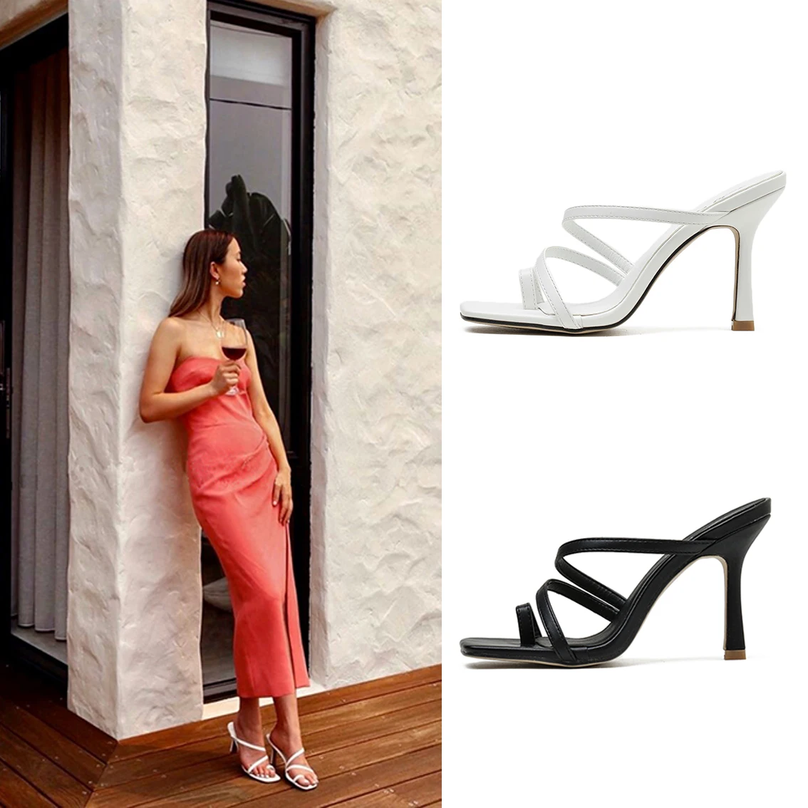 

heeled sandals Women Sandalias Square Toe black sexy slipper 2021 high Heels shoes For Women, Red,white,black,beige