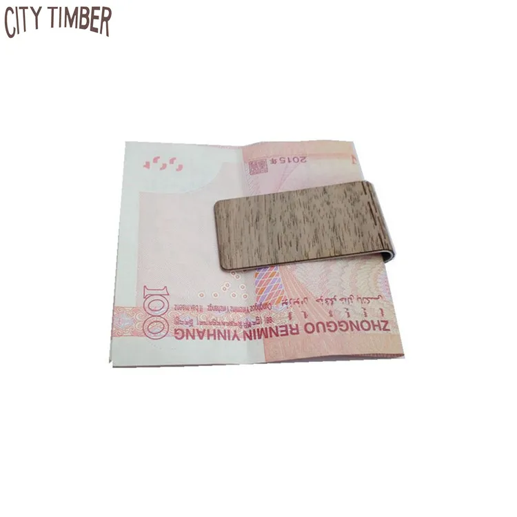 

Promotion slim stainless steel money clip with wood skin, Natural wood color