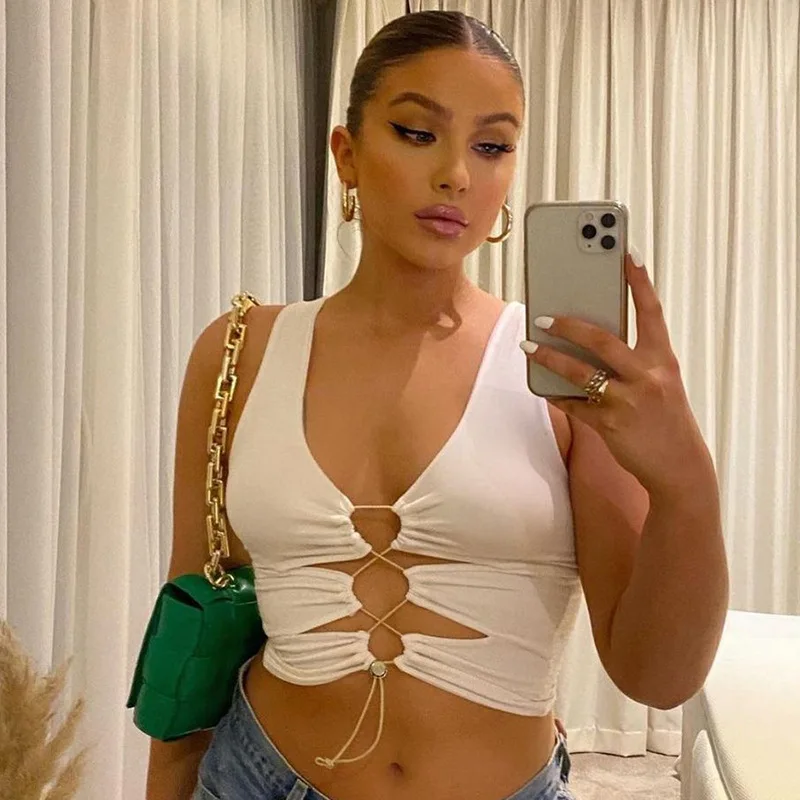 

2021 summer sleeveless sexy womens tank tops Drawstring strap lace-up hollow out crop top, White/black/light blue