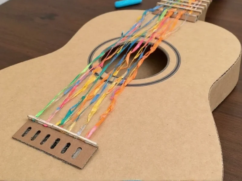 Rubber band guitar made from cardboard box and chopsticks