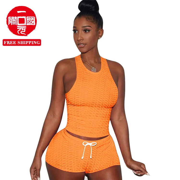 

New summer round neck solid color sleeveless bubble yoga shorts sports women's suits