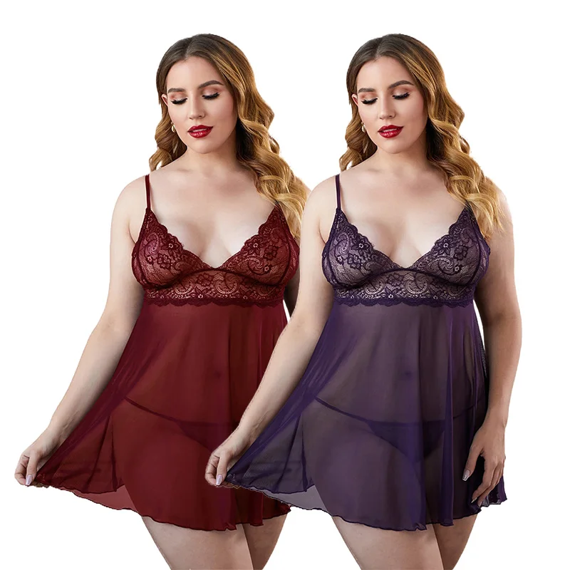 

2021 New Plus Size Babydoll Lingerie Dress Women Sexy Lace Mesh Night Wear
