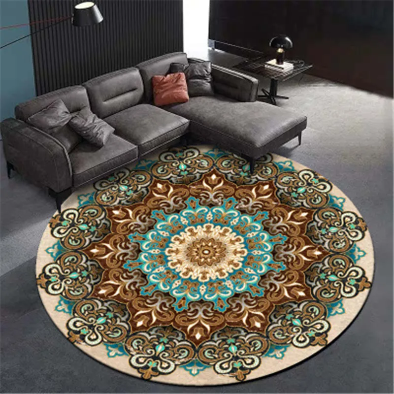 

Ethnic style blue brown camel color mandala flower round living room bedroom non-slip mat carpet