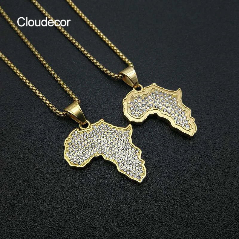 

Hip Hop African Map Necklace Mens Gold Africa Map Necklace Iced Out Stainless Steel Chain Necklace, 18k gold plated