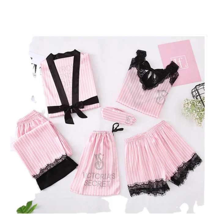 

2020 NEW Hot sale Four seasons 7-piece set Women's pajamas Stripe printing Lace lace Women's Satin Silk Pajamas suit, Picture shows