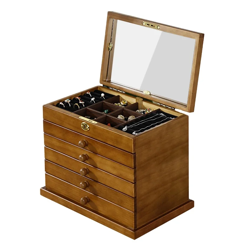 

Customised 2021 Light Luxulry Multi Layers Brown Vintage Jewelry Box With Mirror