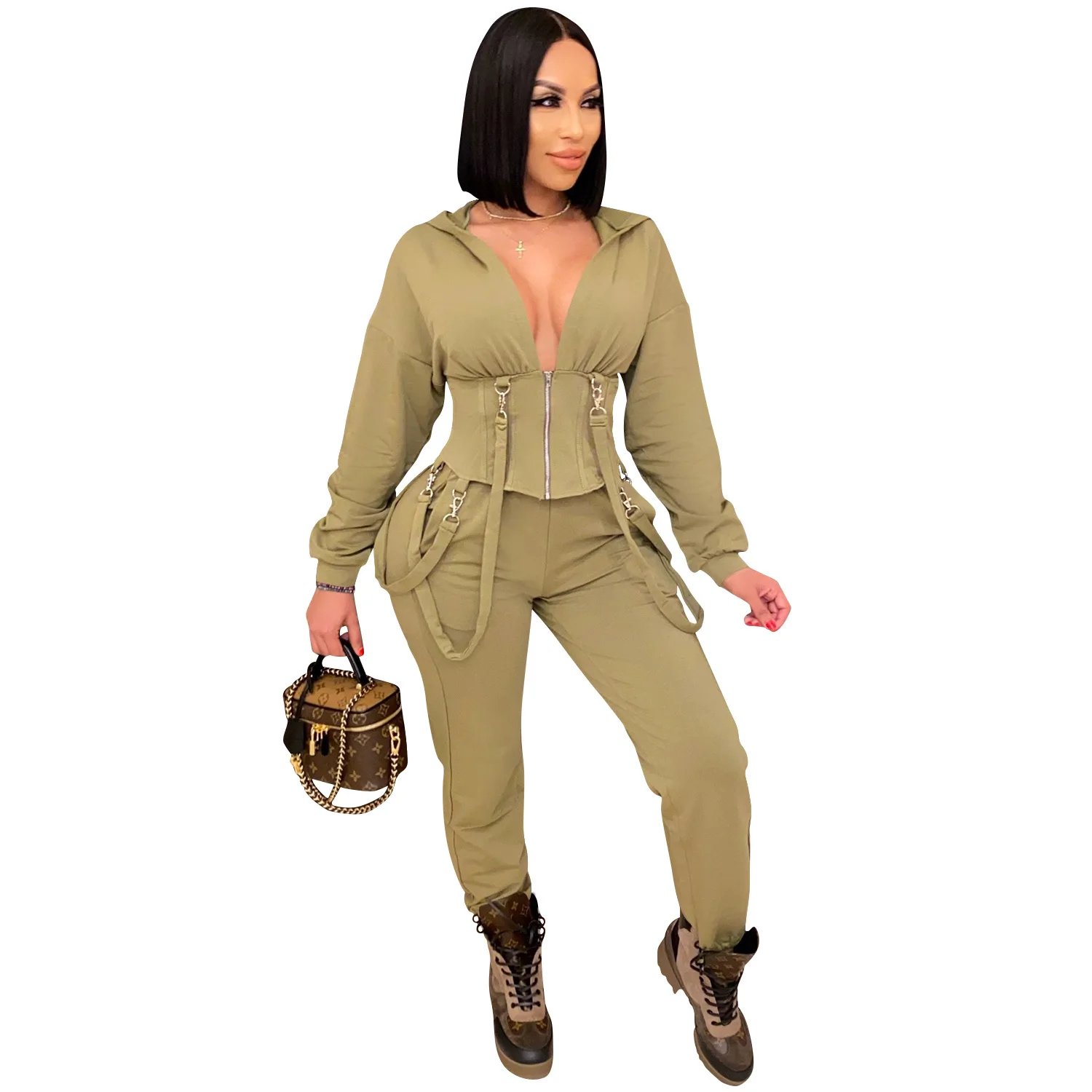 

sexy deep V neck 2 piece set women long sleeve hooded slim top and pants joggers suit female fashion streetwear matching sets, Black,yellow,rose red,wine red,green