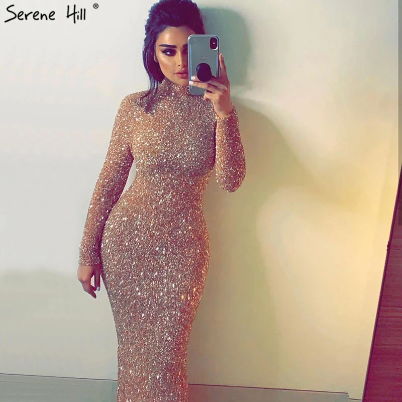 

2020 Latest Design 3D Sequined Beads High Neck Long Sleeve Muslim Evening Dresses Ball Gowns For Prom Night Serene Hill LA60851