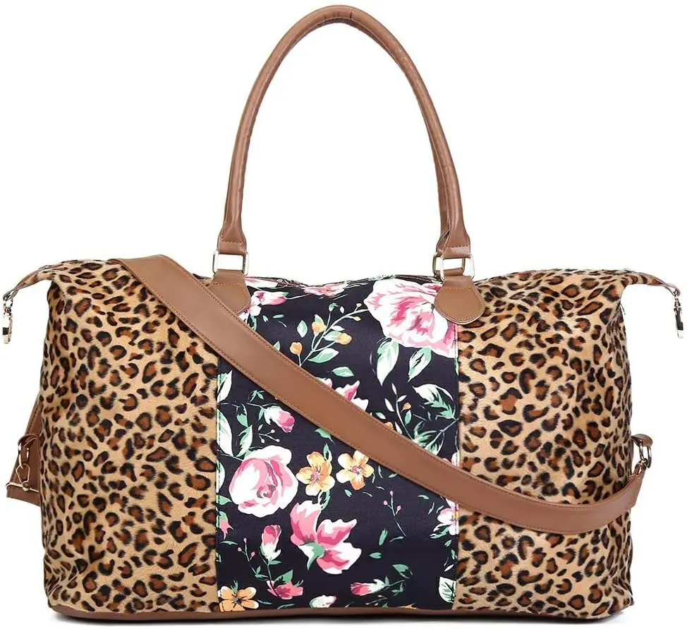 

2021 Leopard and Flower Weekender Bag Travel Duffle Bag For Women Large Cheetah Tote Shoulder Bag With Shoulder Strap, Picture color