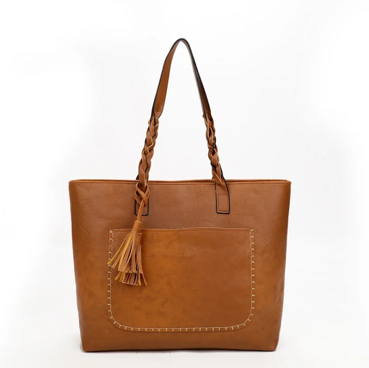 

2020 New Products Korea Fashion Black Big Size Shoulder Bag PU Leather Cheap Woman Handbag With Tassel, As pics