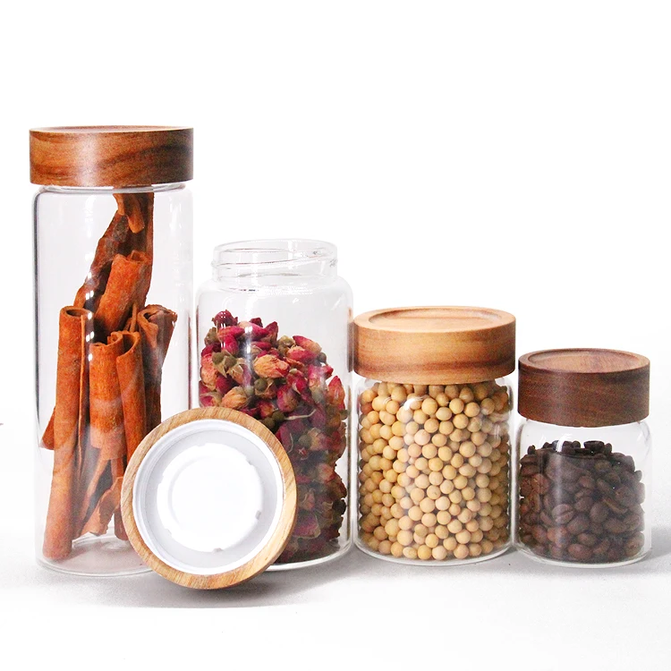 

High Quality bright Borosilicate Glass Food Storage Jar with screw acacia wooden lids