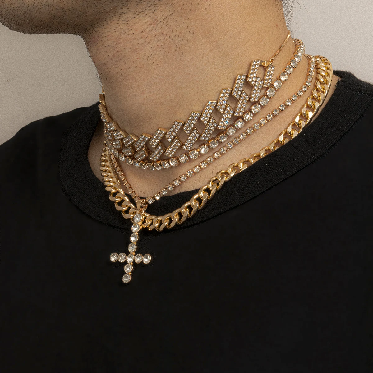 

2021 Cheap customized trendy alloy men's unisex cuban crystal multi strand cross Jewelry diamond necklace set