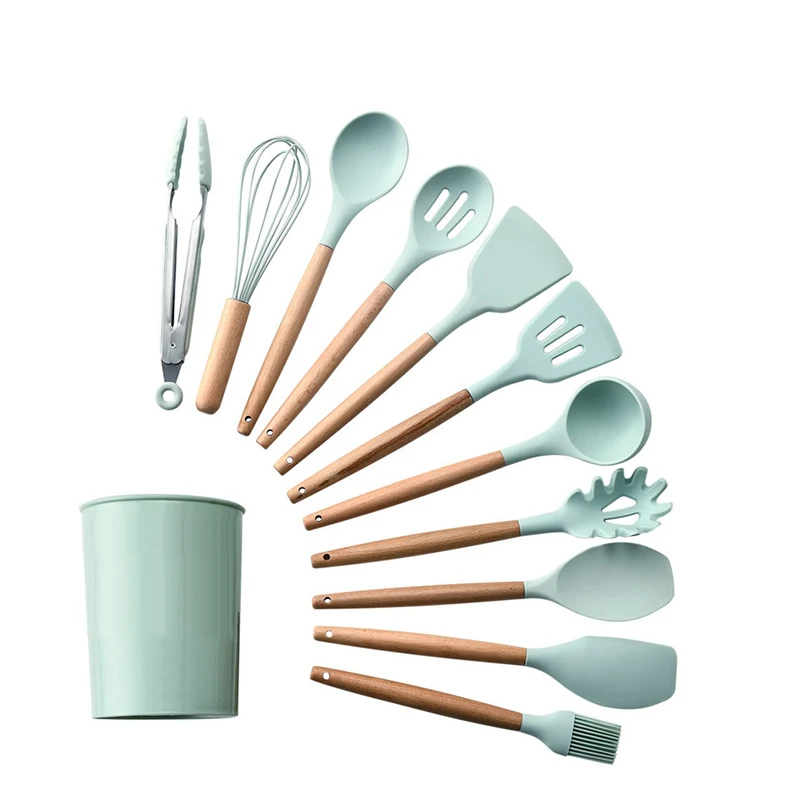 

Amazon hot sale wood handle 12 piece silicone kitchen utensil set with storage bucket, Customized
