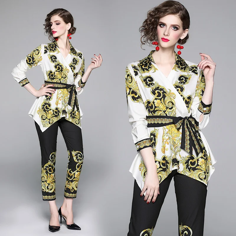 

2019 Autumn Ladies Two-piece Suit Fashion Turn Down Collar Knot Tie Waist Print Shirt and Pants Set