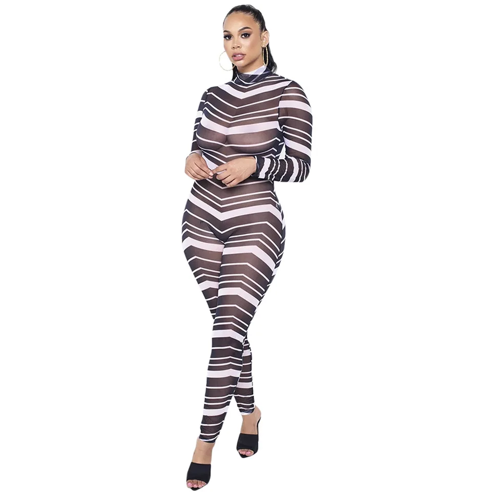 

2021 rompers Spring Sexy Stylish Bodycon Jumpsuit Long Sleeve See Through Party Club Bandage Striped Womens Jumpsuits, As pictures