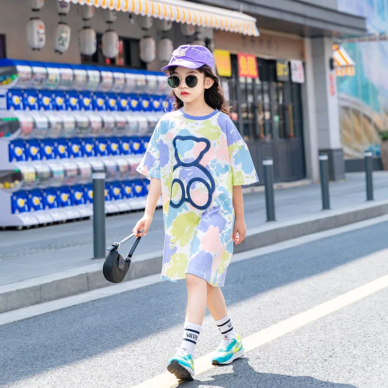 

2021 New Fashion Children Girl Tie Dyed Casual Shirt Dress Fashion Bear Printed Short Sleeve Dress for Big Kid Girl, Purple