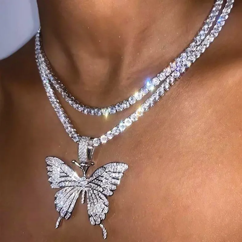 

Fashion Statement Big Butterfly Pendant Necklace Hip Hop Iced Out Rhinestone Chain For Women Bling Tennis Chain Crystal Jewelry