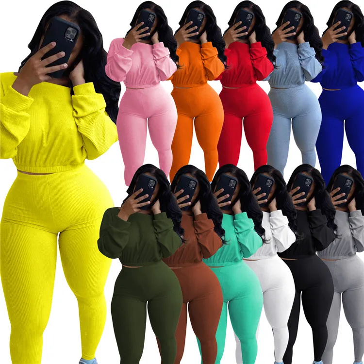 

MD-20222123 Sexy Lady 2 PCS Plus Size Outfits Tracksuit Rib Long Sleeve Tops Leggings Pants Fall Women Clothing Two Piece Set