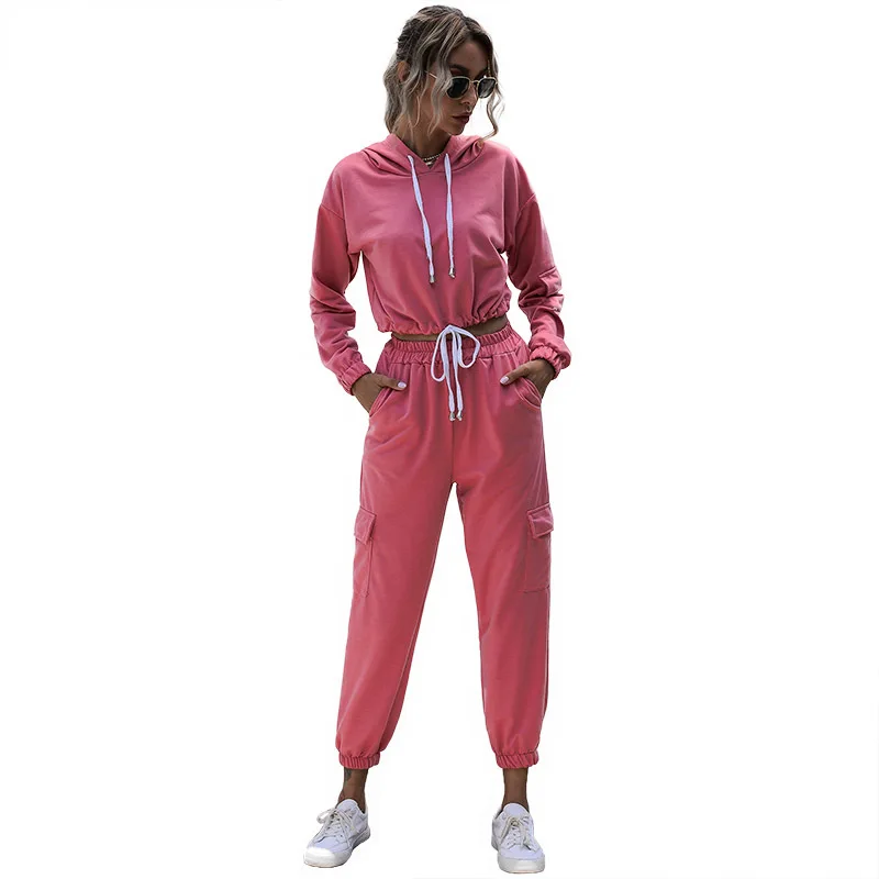 

2021 New arrival pink color long sleeve hoodie coat matching pant casual clothing sets for women, Picture color