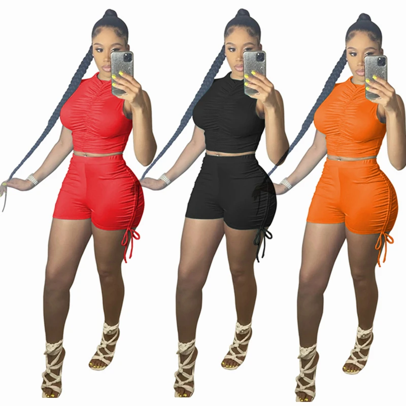 

Sleeveless Sexy Outfits Stacked 2 Piece Short Set 2021 Summer Modest Women Clothing Sets For Women Two Pieces, As pictures or customized color