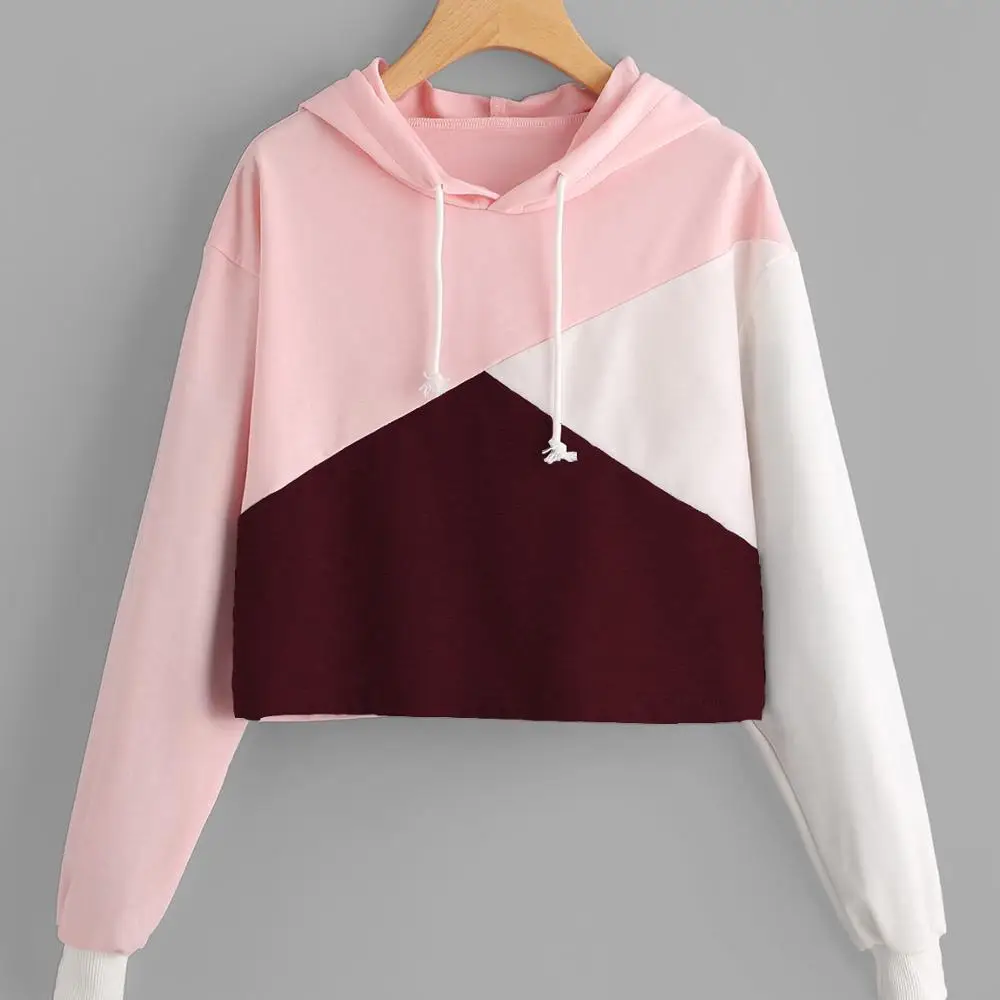 

Custom logos color block panels womens basic Crop Top Hoodies, Select