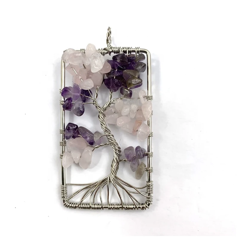 

Beaded gemstone Rose quartz and Amethyst plated bronze pendant Tree of Life