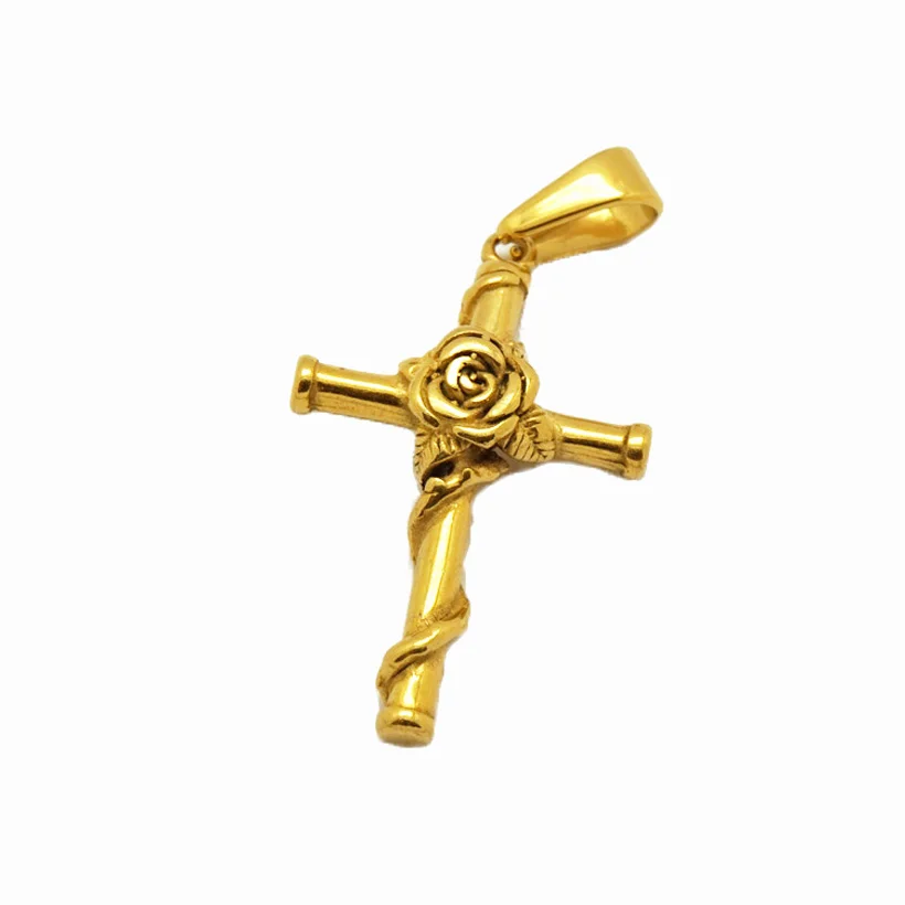 

Vintage 18k gold rose cross pendant stainless steel flower jewelry charm crucifix pendant for women jewelry making