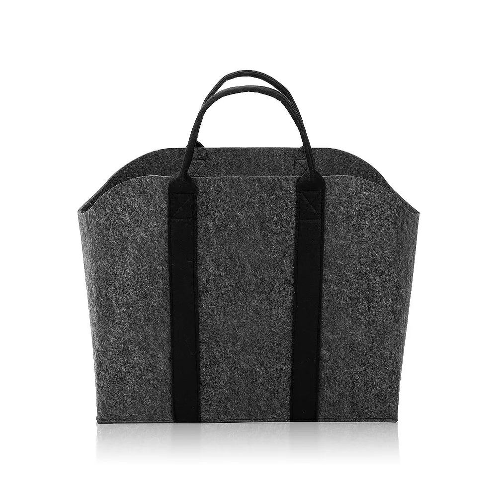 Grey needle-punched felt tote bag with black webbing handles stitched down the front panel with reinforcement stitching