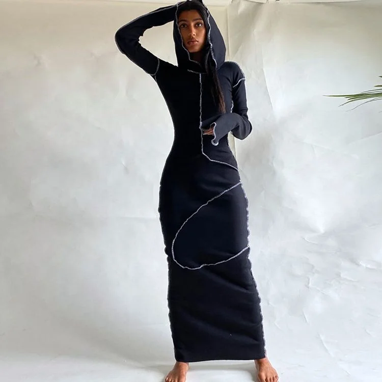 

2021 Hot Sale Fashion 6 Solid Colors Hooded Collar Hoodie Dress Long Sleeve Maxi Dress For Women Spring Casual Dresses, 6 colors