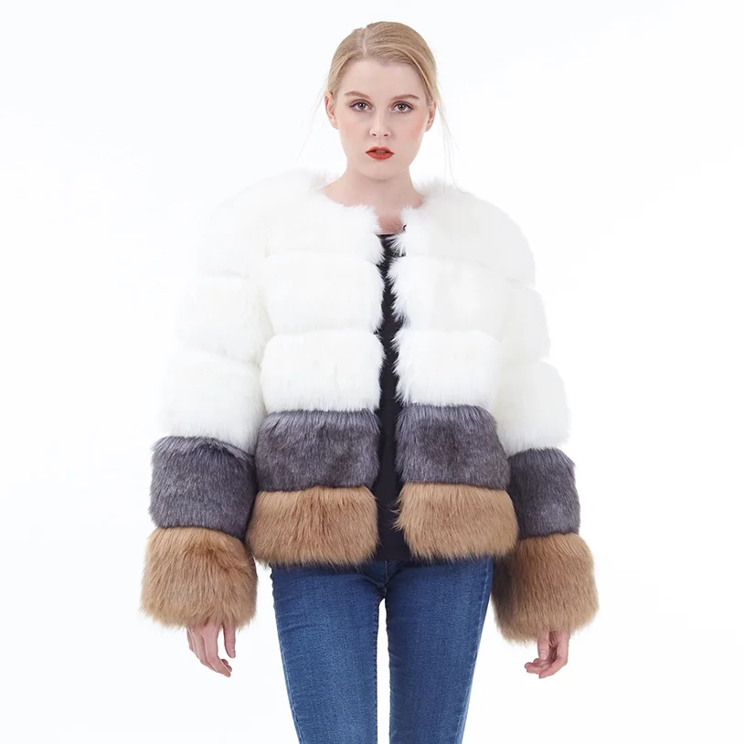 

2020 Colors Contrast O-neck Thick Long Pile Faux Fur Women Coats