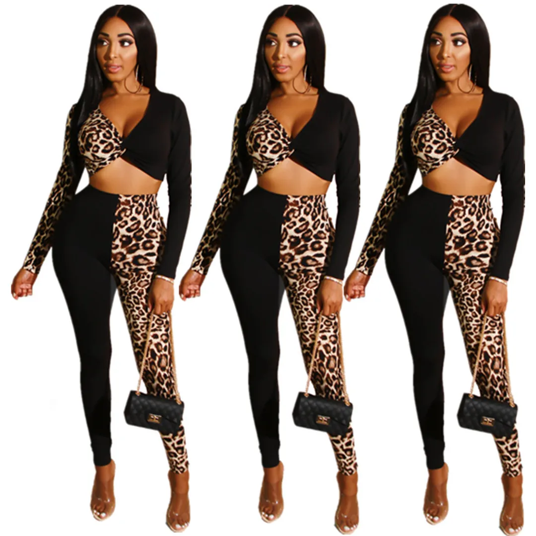 

Leopard grain fashion splicing long sleeve sexy leisure movement home big suit