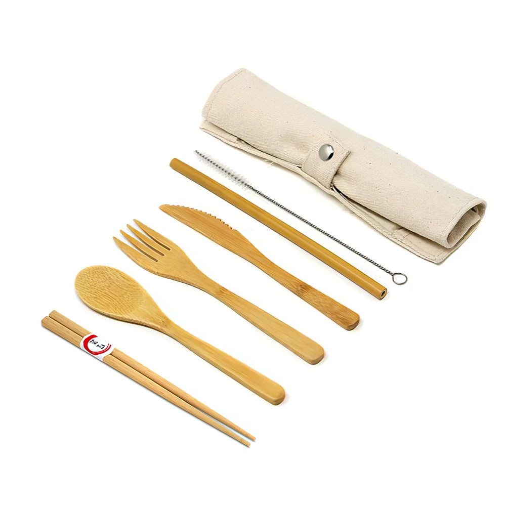 

Eco-friendly camping travel chopsticks fork spoon knife straw sets bamboo fiber reusable bamboo cutlery sets, As picture shown