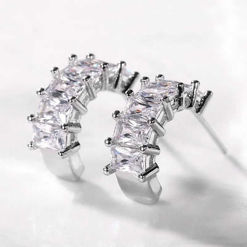 

Newest Women Stud Earrings Full Rectangle Shape Cubic Zircon Silver Color Fashion Accessories Versatile Luxury Jewelry, Customized color