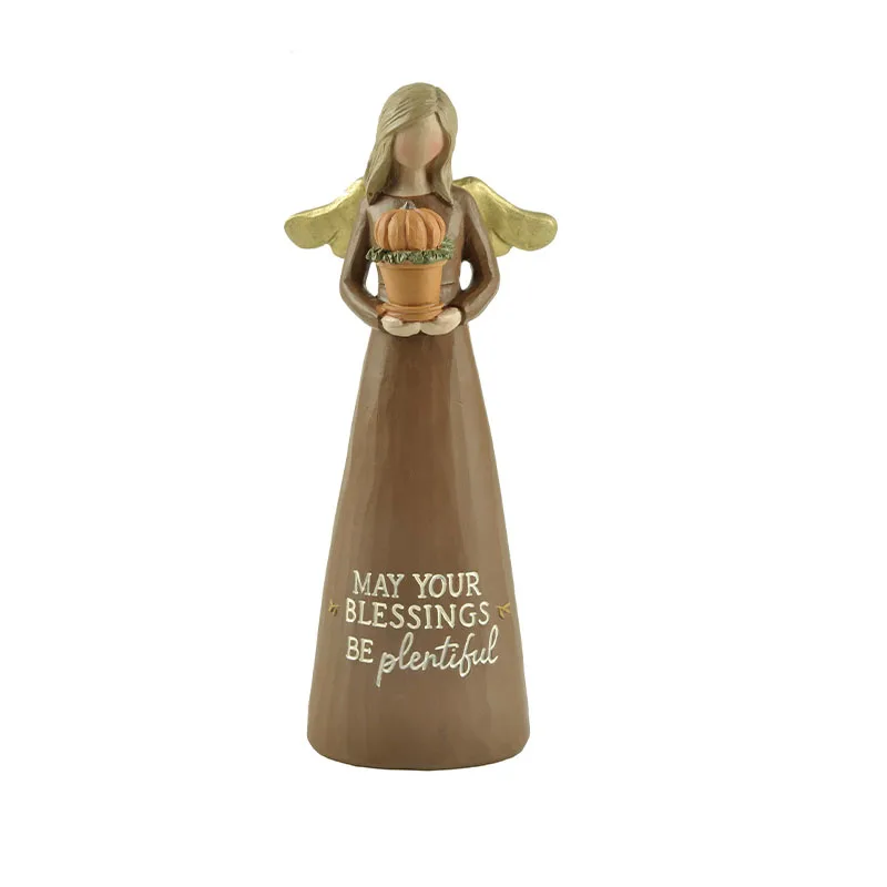 Pumpkin Angel Figurine Has The Words "Blessings" Resin Crafts Angel Holding Pumpkin For Fall Decor