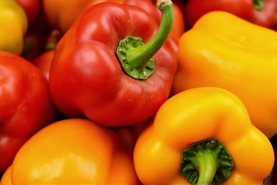 Close-up view of different colored bell peppers showing their internal seed structure