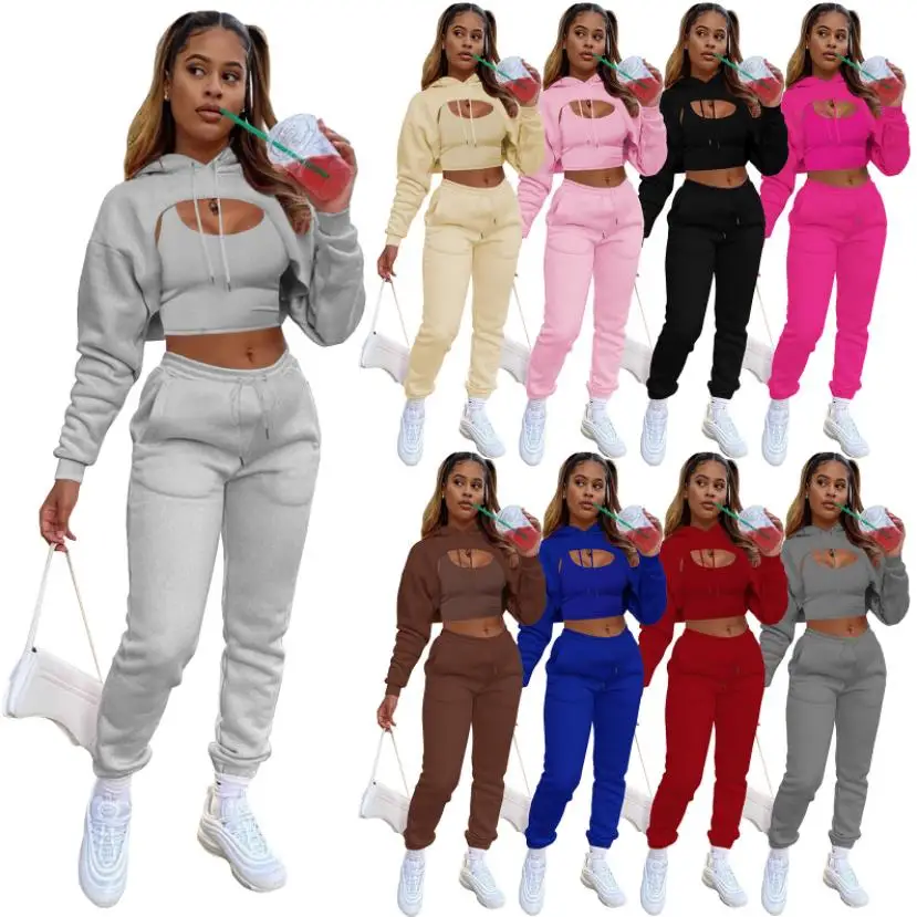 

Fast Shipping winter clothes for woman fashion long sleeve 3 piece set thick sweatpants and hoodie set