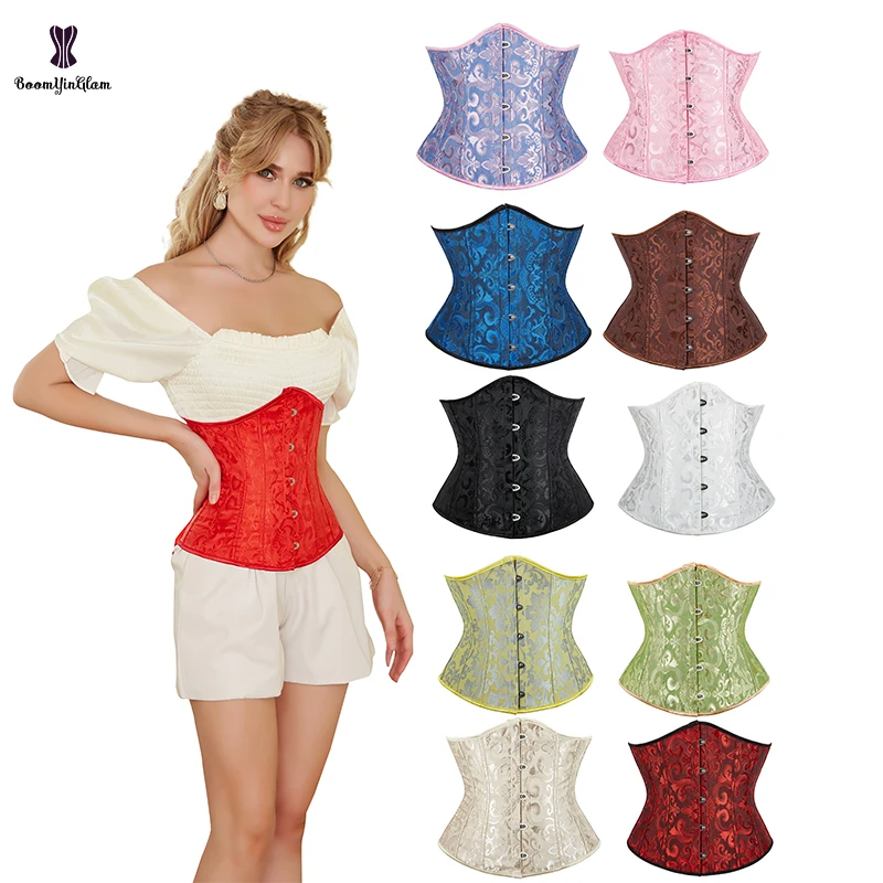 14 Plastic Boned Korset Women Steampunk Gothic Corselet 30CM 11.81" Waist Cincher Shapers Front 5 Busk Closure Underbust Corset