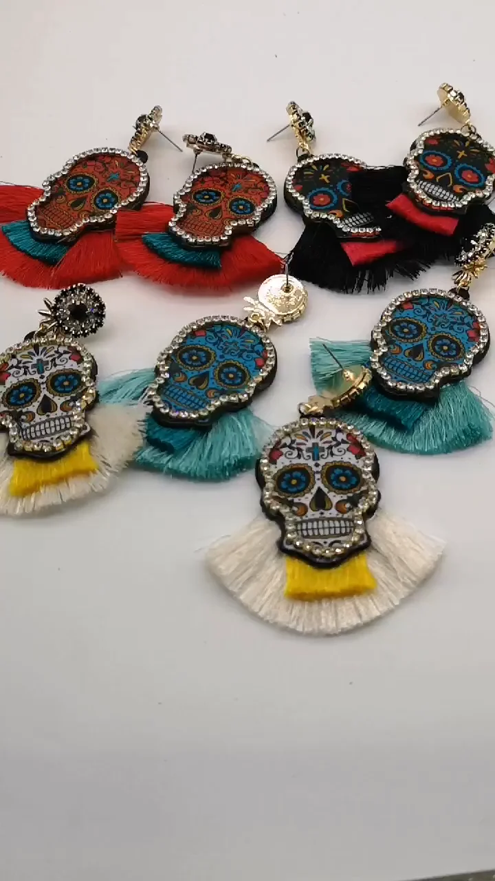 women gift fashion sugar skull earrings long fringe fan tassel