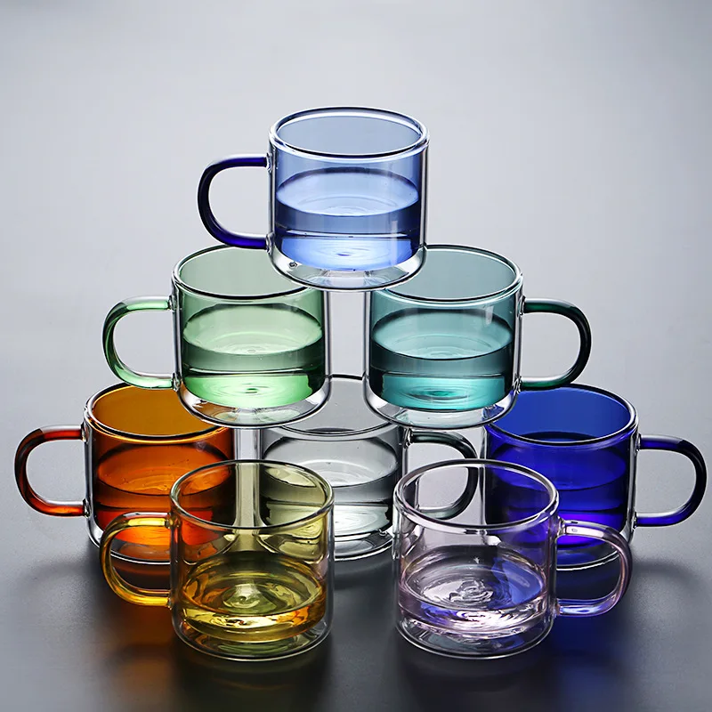 

Custom Water Drinking Double Wall Clear Borosilicate Glass Coffee Mugs Cup With Lids And Handle, Clear,blue,green,yellow,amber,teal,black,pink,purple.jade green etc