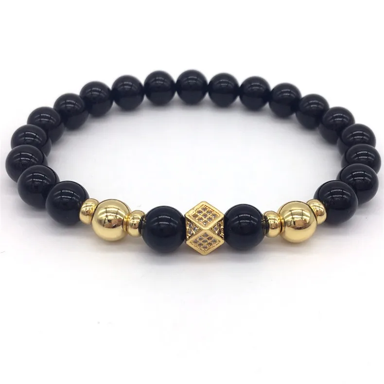 

New Fashion Natural stone Agate CZ Pave Charms Beaded Bracelet Men