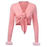 

Pink V-Neck Sexy Women Shirt Front Bandgae Lace up Long Sleeve Patchwork Feathers Cute Cropped Skinny Fall Short fur Tops