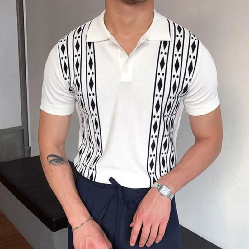 

Men's spring and summer new jacquard sweater lapel short-sleeved slim polo shirt T blood