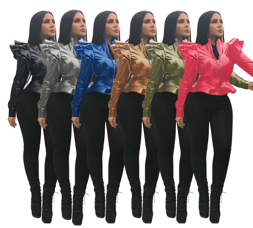 

YD-A5043 New Item ladies Tops Solid Color Long Sleeve Casual Fashion Bodycon PU fall jackets for women