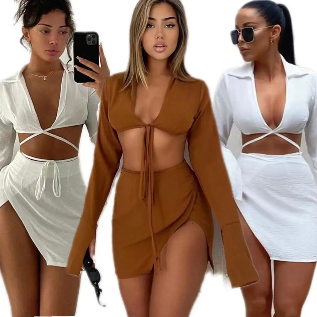 

2021 Two Piece Set Women Clothing Casual Sexy 2 Piece Set Lace Up V Neck Crop Top Split Mini Bodycon Two Piece Skirt Set Women