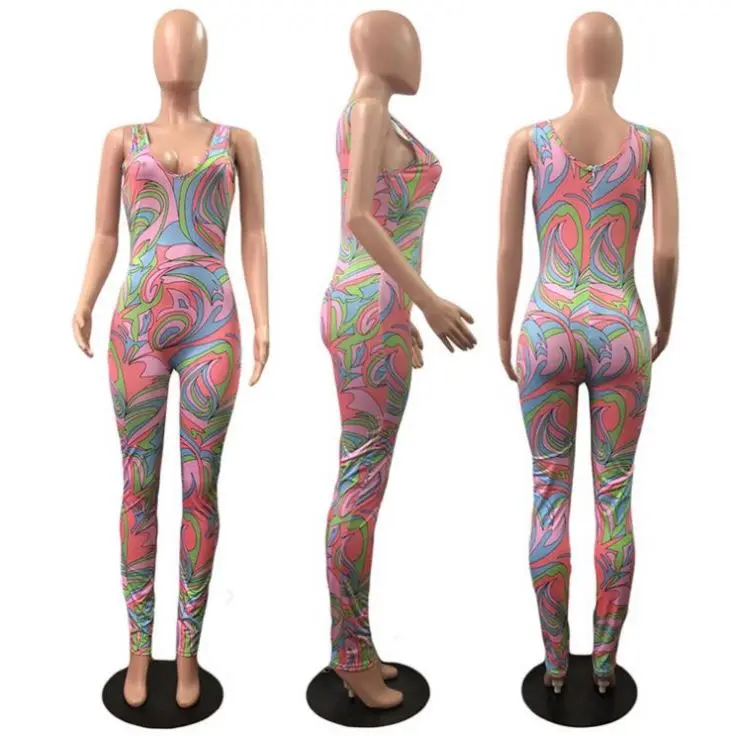 

AMELIE Best Seller 2021 Summer Printed Sleeveless Woman Sexy One Piece Jumpsuits Women Bodycon Jumpsuit And Rompers