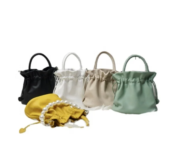 

Ladies Pearl Drawstring Bags With Logo Pleated Pu Bucket Bag Women Handbags Ladies